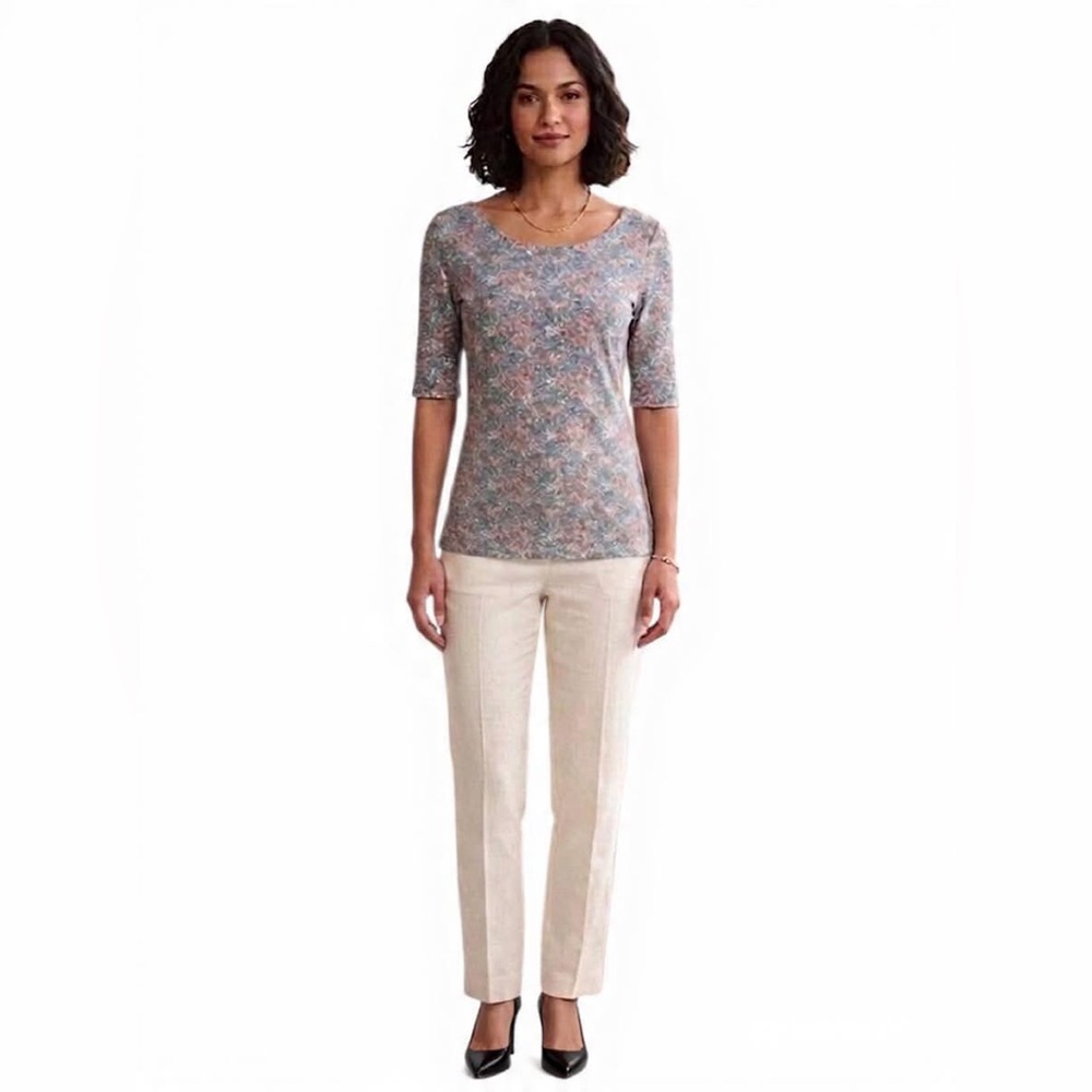 Floral Scoop Neck Elbow Sleeve Top - Pastel Multi